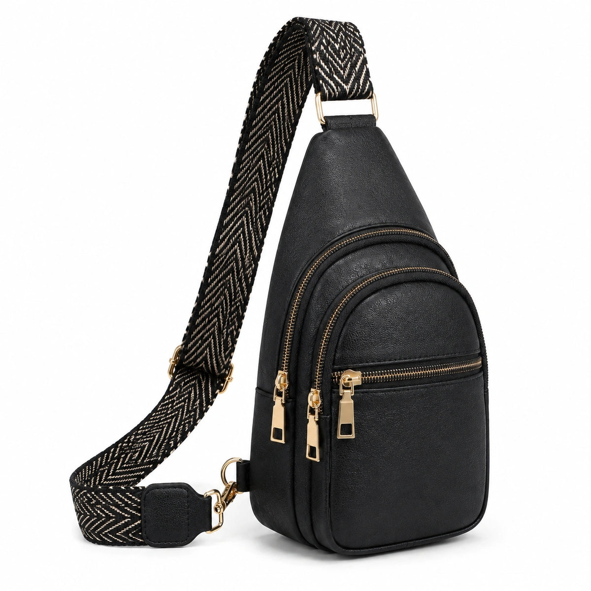 Bolso bandolera negro de piel sintética con correa ajustable estampada