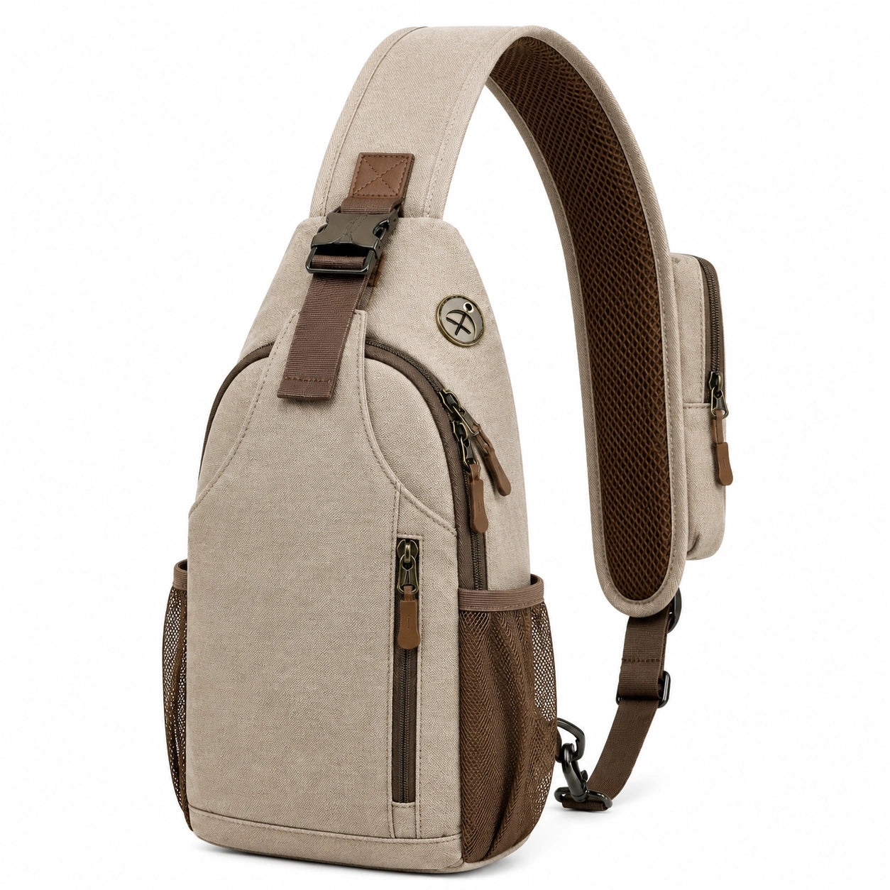 Mochila bandolera 18 x 8 x 32 cm de tejido beige con bolsillos y correa ajustable