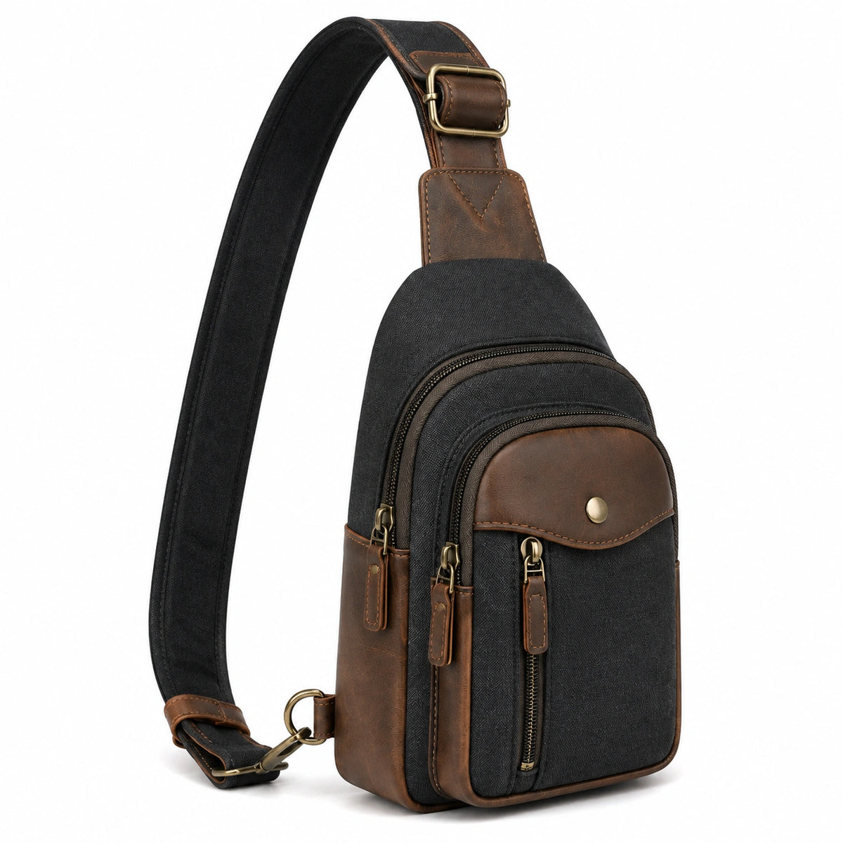 Bandolera de pecho 18 x 8 x 30 cm negra y marrón de tejido con bolsillos y correa ajustable