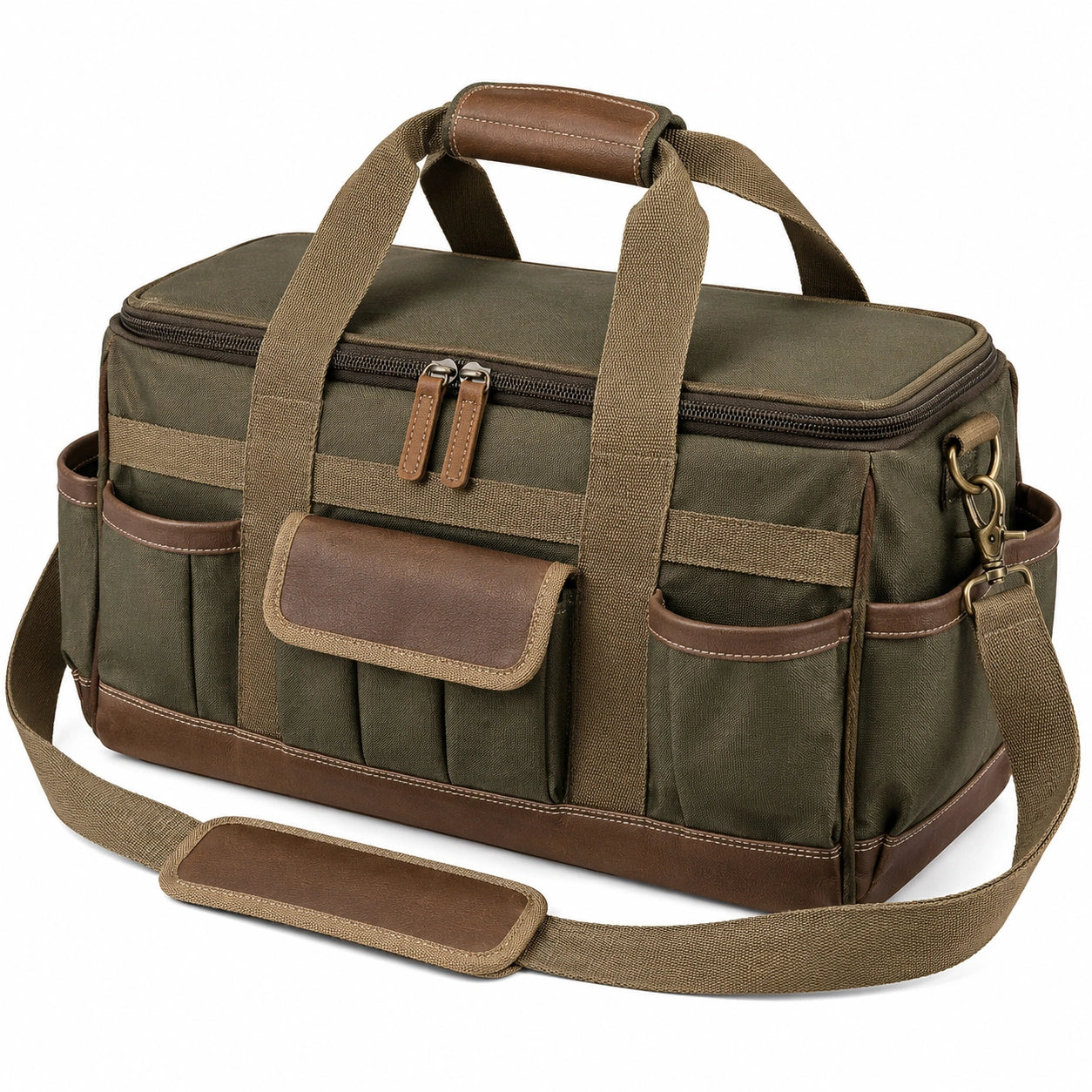 Bolsa de viaje 45 x 25 x 30 cm de tejido verde oliva con bolsillos y correa ajustable