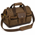 Bolsa de viaje 45 x 25 x 30 cm de lona marrón con detalles de cuero y bolsillos múltiples
