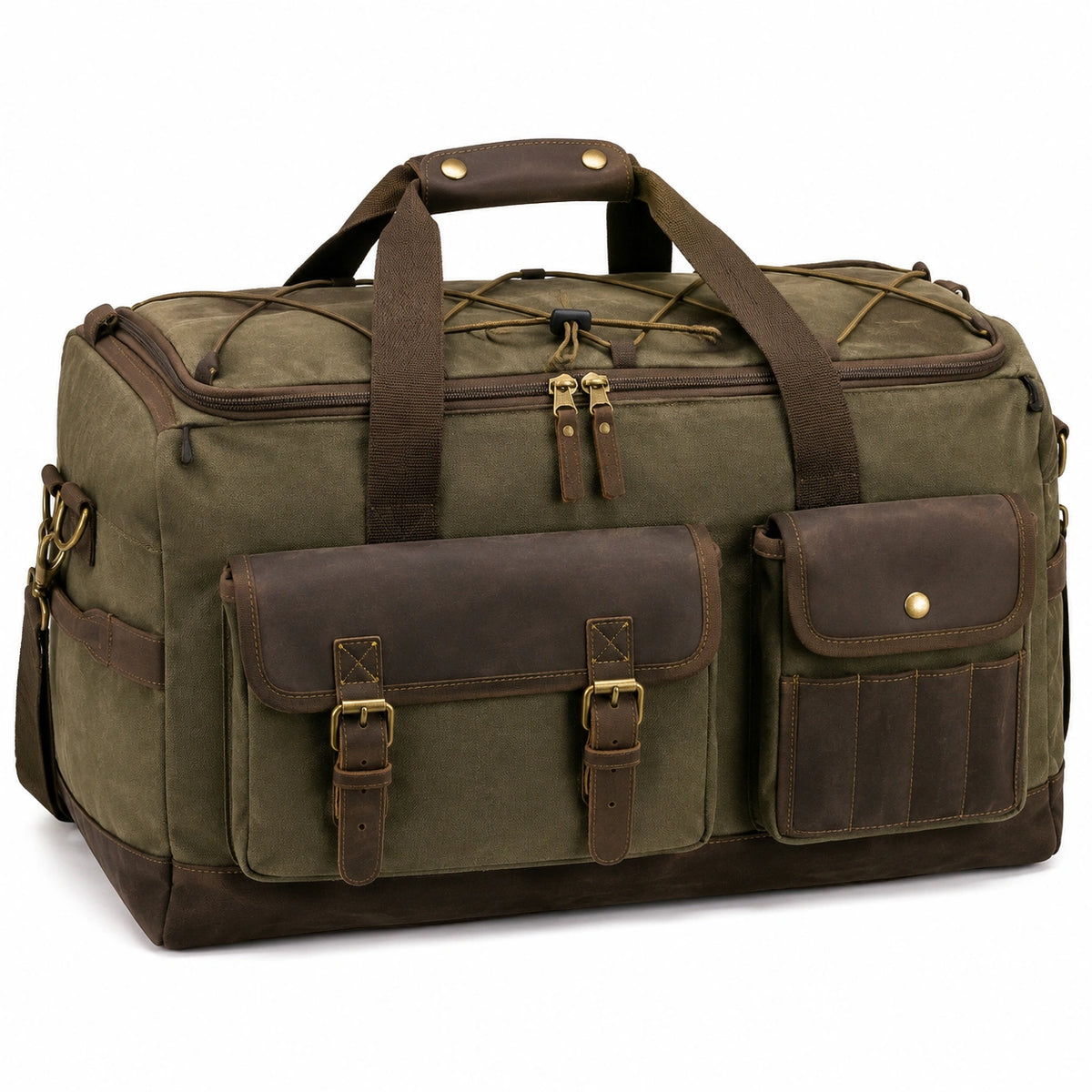 Bolsa de viaje 50 x 25 x 30 cm de lona verde y cuero marrón con bolsillos y correa ajustable