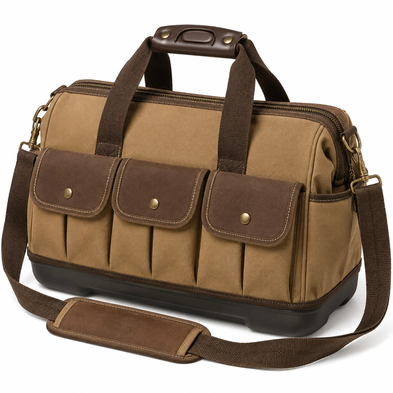 Bolso de viaje 40 x 20 x 28 cm de tejido marrón con bolsillos y correa ajustable