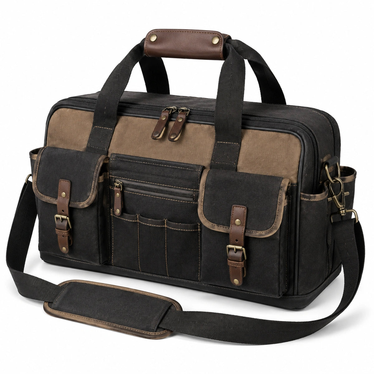 Bolso de viaje 43 x 16 x 30 cm de lona negro y marrón con bandolera y múltiples bolsillos