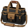Bolsa de herramientas 40 x 20 x 30 cm de lona negra y marrón con bolsillos y correa ajustable