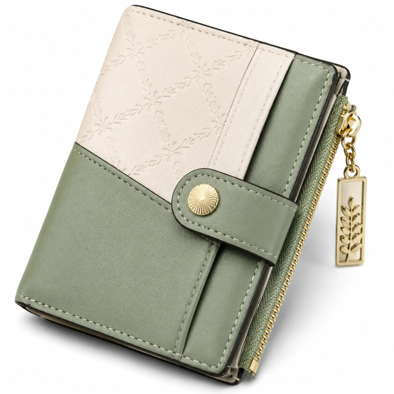 Cartera monedero 19 x 10 x 3 cm de piel sintética verde y beige con relieve floral y cierre de cremallera
