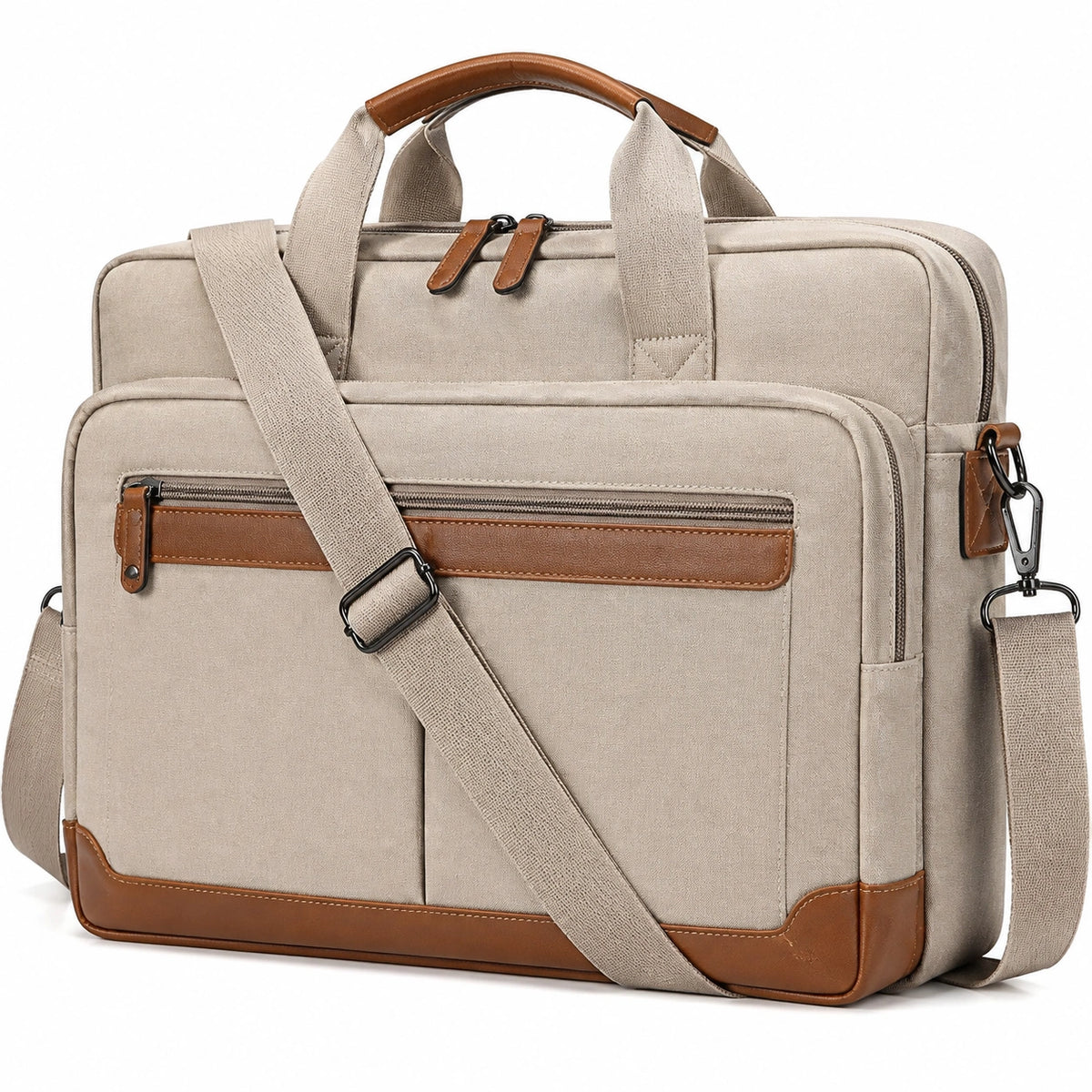 Bolso para portátil 42 x 12 x 31 cm de tejido beige y detalles marrones con bandolera ajustable