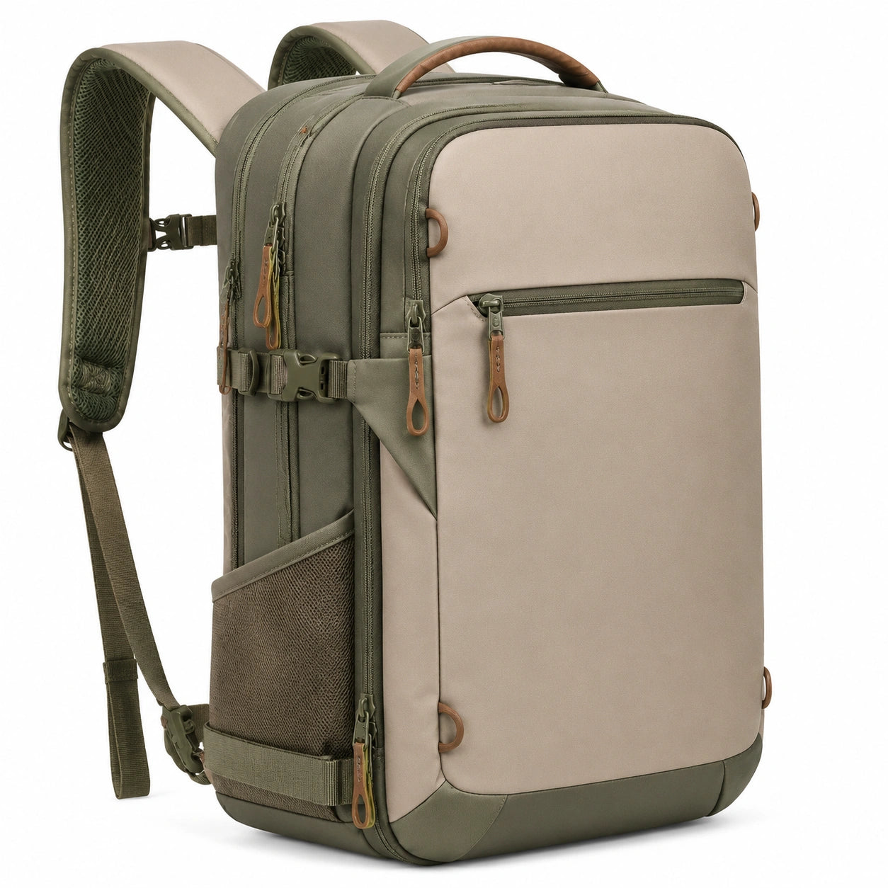 Mochila de viaje 32 x 20 x 48 cm de tejido sintético verde caqui y beige con compartimentos múltiples