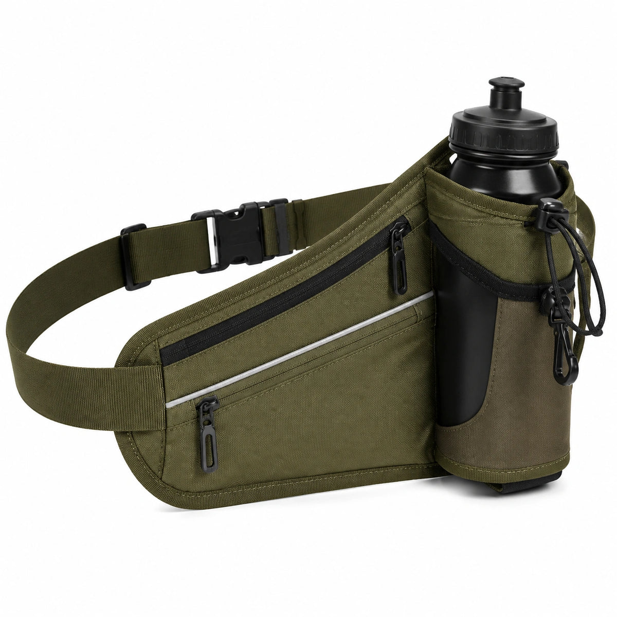 Riñonera portabotella 28 x 18 cm de poliéster verde oliva con botella y bolsillos con cremallera