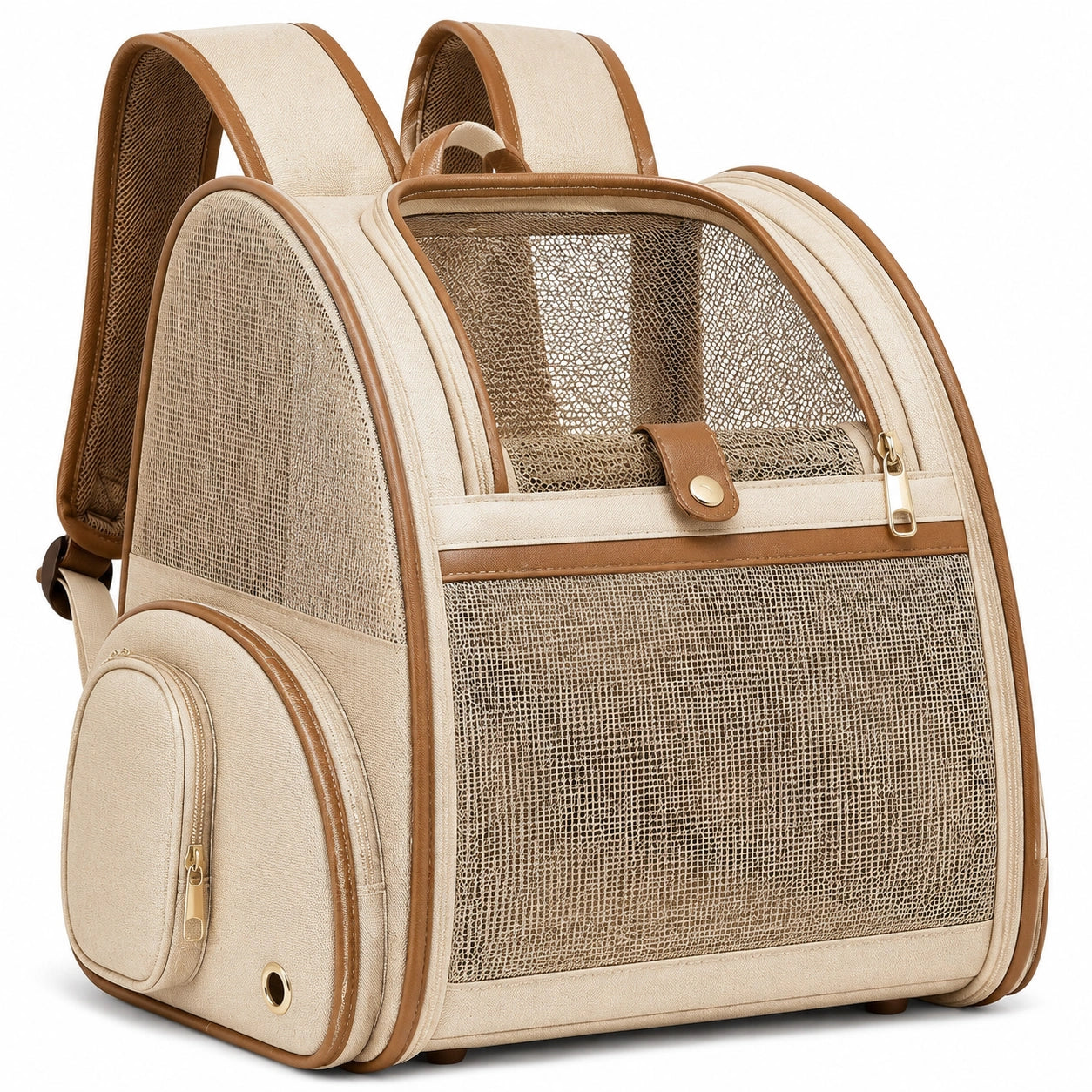 Mochila transportín para mascotas 42 x 30 x 40 cm de tejido beige y marrón con malla transpirable