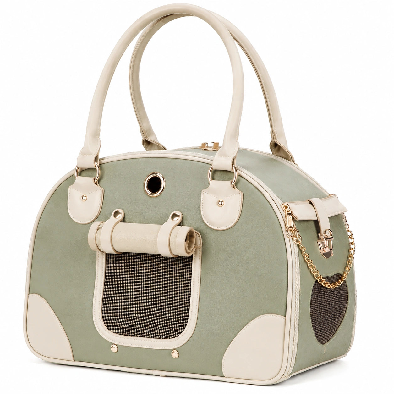 Bolso transportín para mascotas 45 x 28 x 30 cm de poliuretano verde y beige con ventilación
