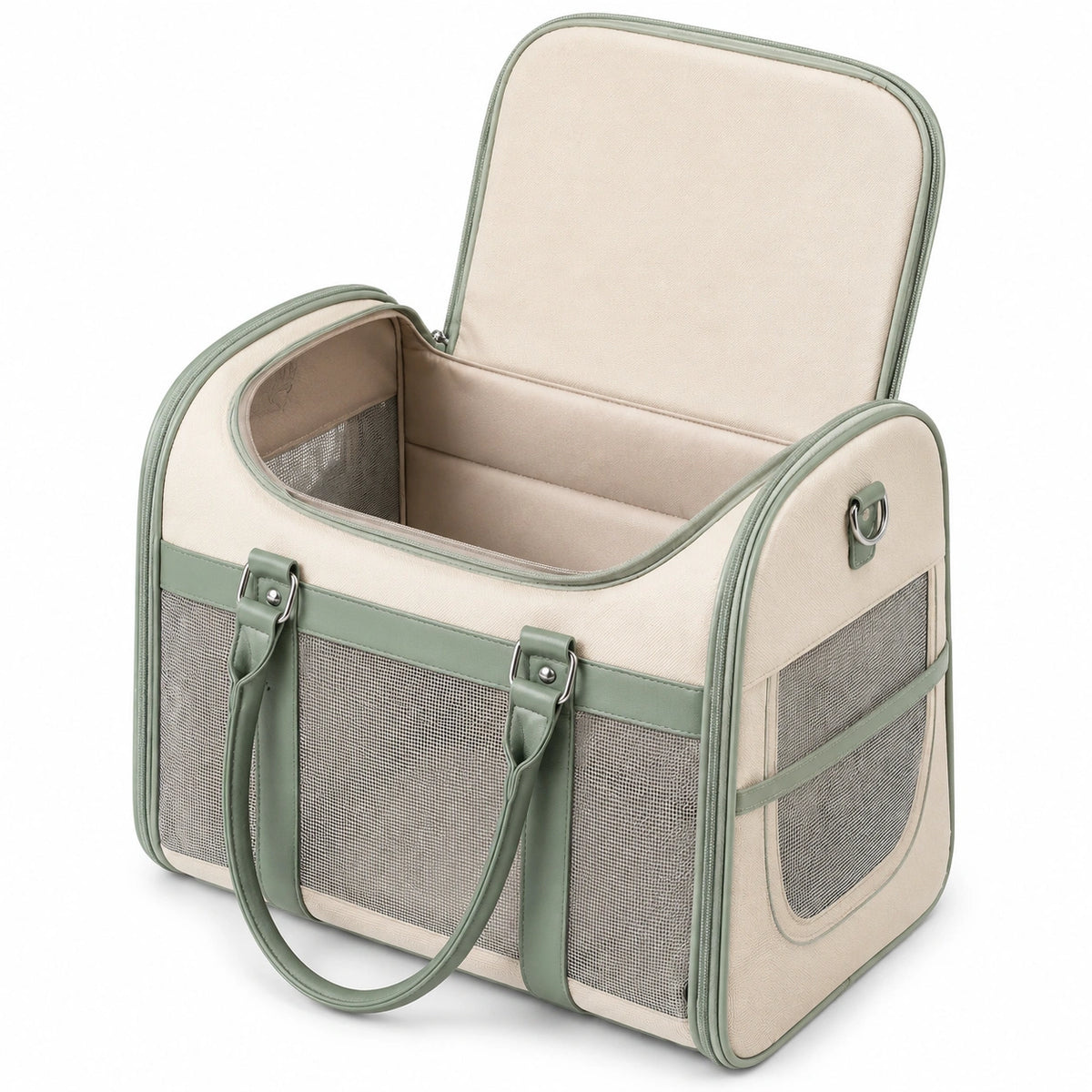 Bolsa transportadora para mascotas 45 cm de poliéster beige y verde con malla ventilada