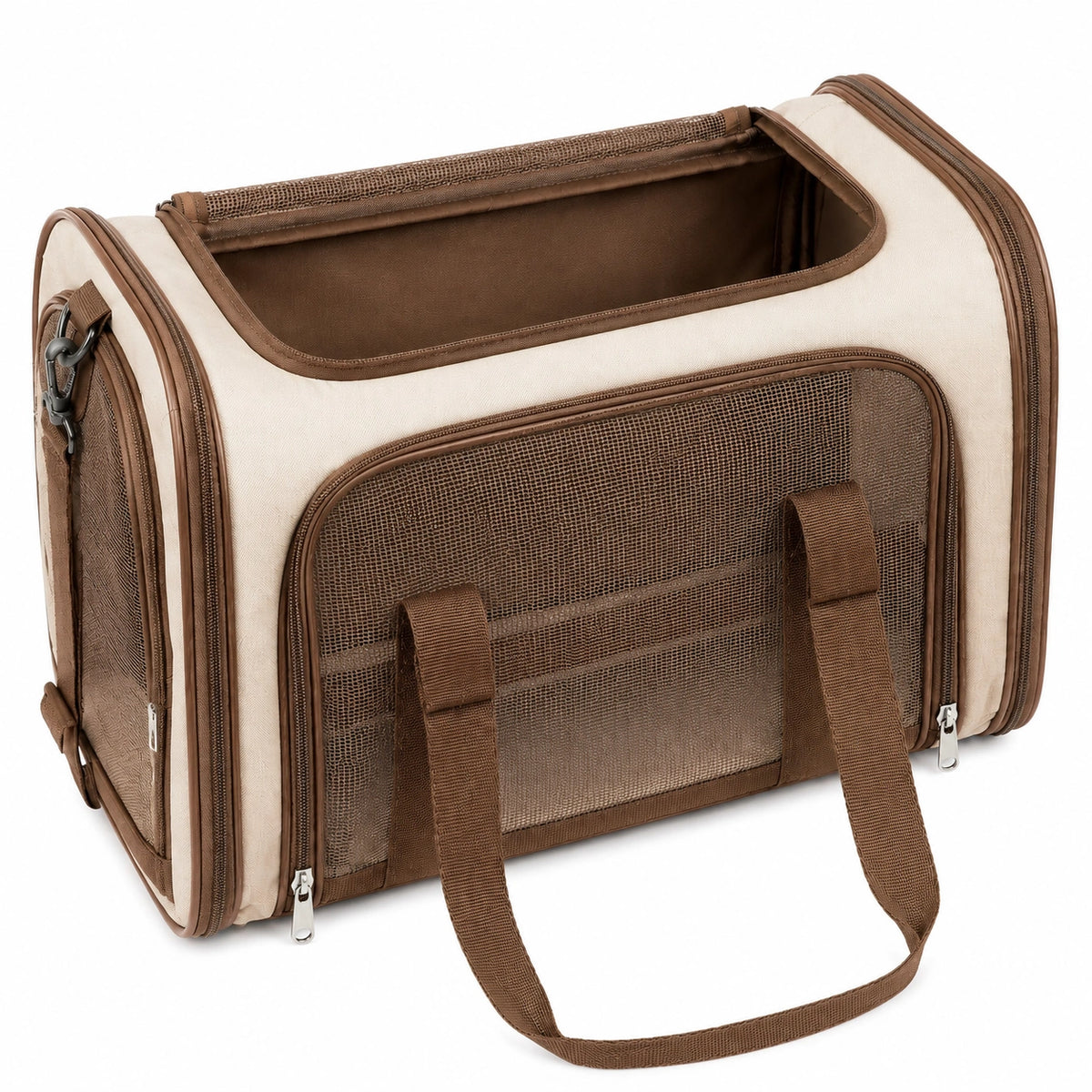 Bolsa de transporte para mascotas 45 x 28 x 28 cm de tejido beige y marrón con malla plegable