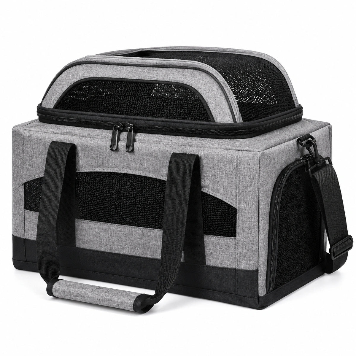 Transportín para mascotas 50 x 30 x 35 cm de tela gris y negra con malla transpirable
