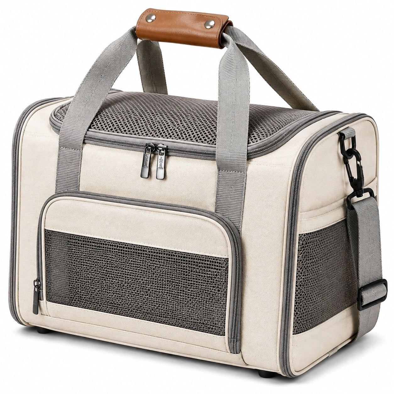 Transportín para mascotas 45 x 30 x 30 cm de tejido beige y gris con malla y correa ajustable